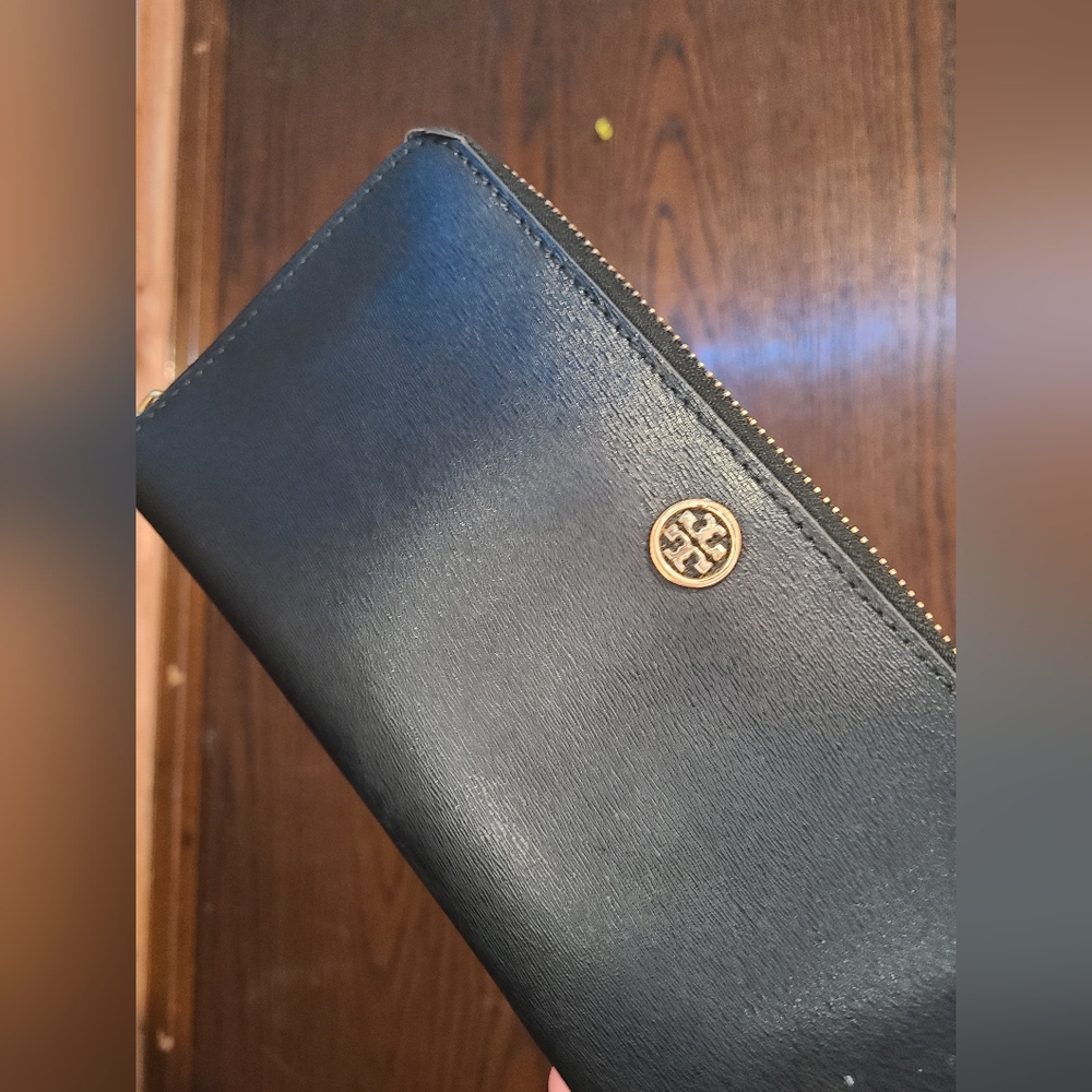 Tory Burch Black Zip Around Leather Wallet with Gold Logo
